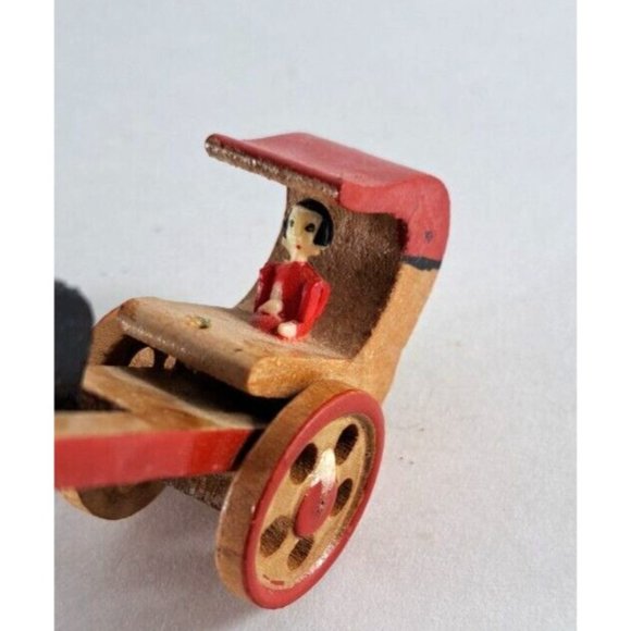 Vintage Wood Toy Horse Cart Carriage W Lady Japan Moveable Wheels 3.5" - Picture 3 of 6